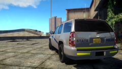 Alderney State Police Tahoe, rear view.