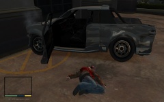Drunk driver resting near his truck after a refreshing bottle of PiÃŸwasser ;)