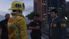 After a emergency on the FIB Building, agents are making a debriefing with LSPD and LSFD