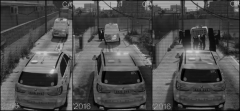 Stills from council estate CCTV footage, showing officers arriving for a raid on local ganghouse