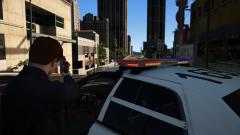 Holding suspect at gunpoint