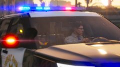 California Highway Patrol officers pursue a kidnapper in a blue sedan.