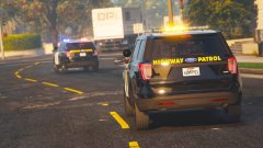 California Highway Patrol officers pursue a kidnapper in a blue sedan.