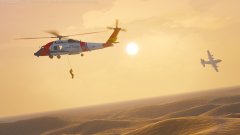 USCG saves a victim in the ocean, with a USCG C130 Hercules behind.