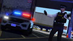 A Very Old Ontario Provincial Police Officer Infront of a Ford Explorer